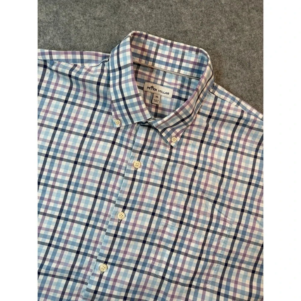 Peter Millar Mens XL Blue Purple Plaid Check Button Down Long Sleeve Shirt